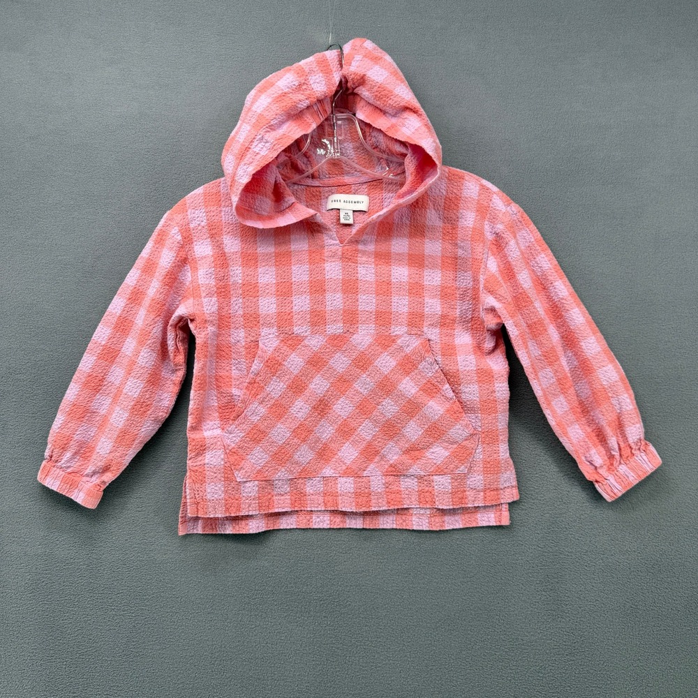 Free Assembly Girls XS 4/5 Pink Orange Gingham Seersucker Hoodie Top